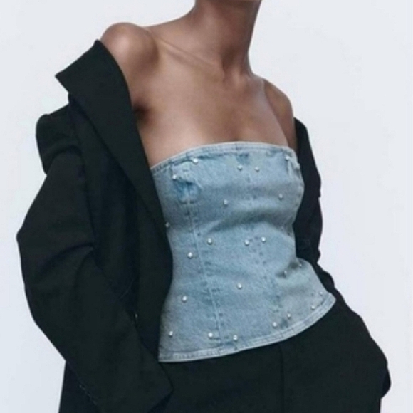 Zara Denim Top Jewel Corset Rhinestone size S - Picture 3 of 12